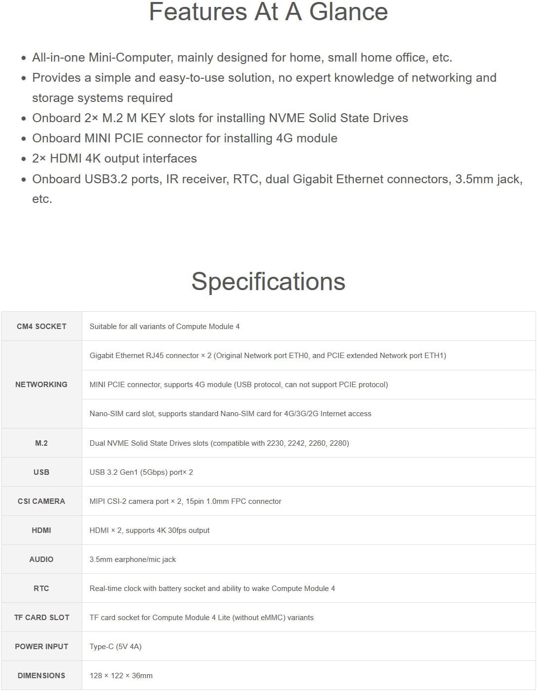 Features at a glance for CM4 NAS Mini-Computer Kit