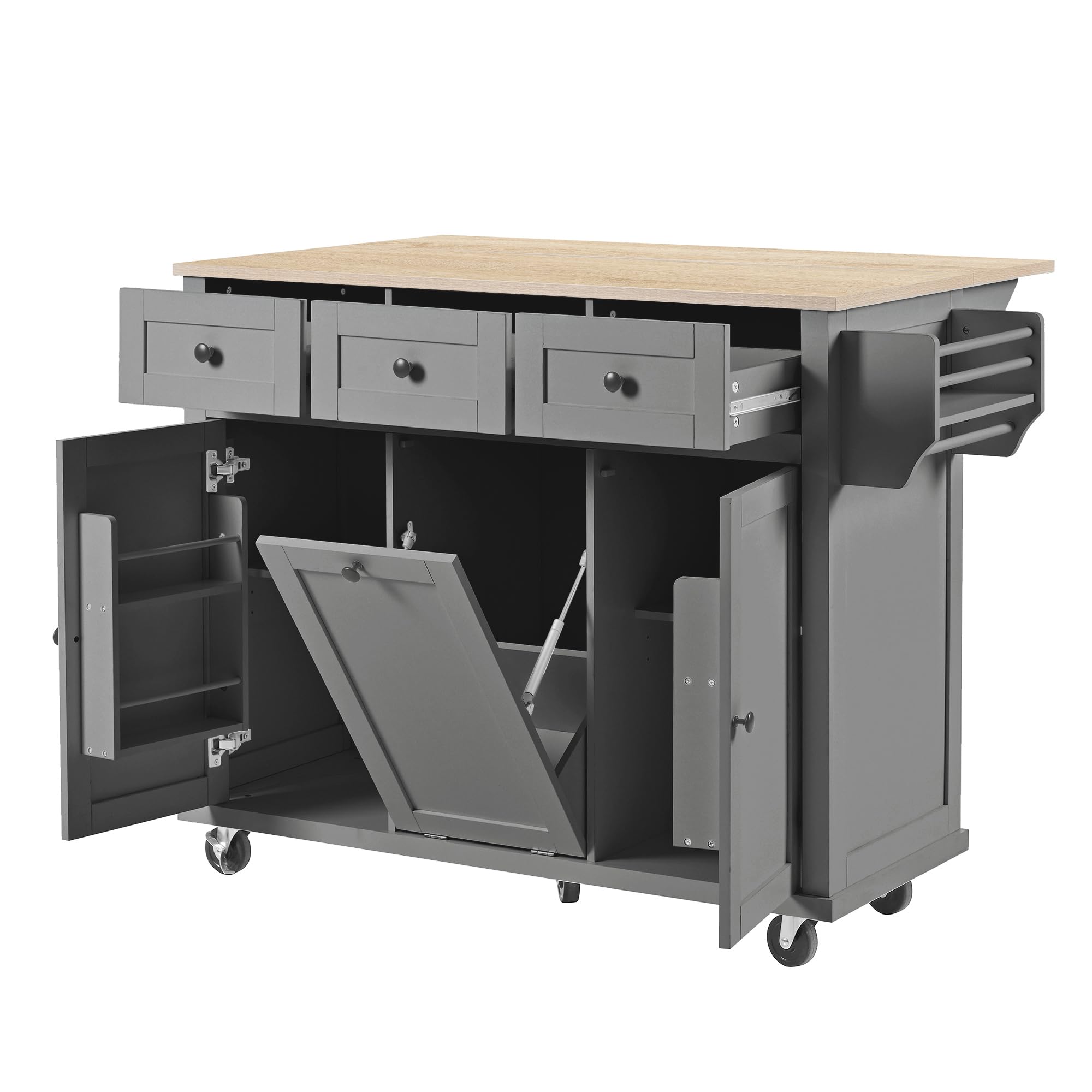 Chariot de cuisine à roulettes avec plan de travail rabattable, armoire de buffet, 2 tiroirs et 4 portes, pour cuisine et salle à manger, 112 x 74,6 x 94,2 cm (gris)