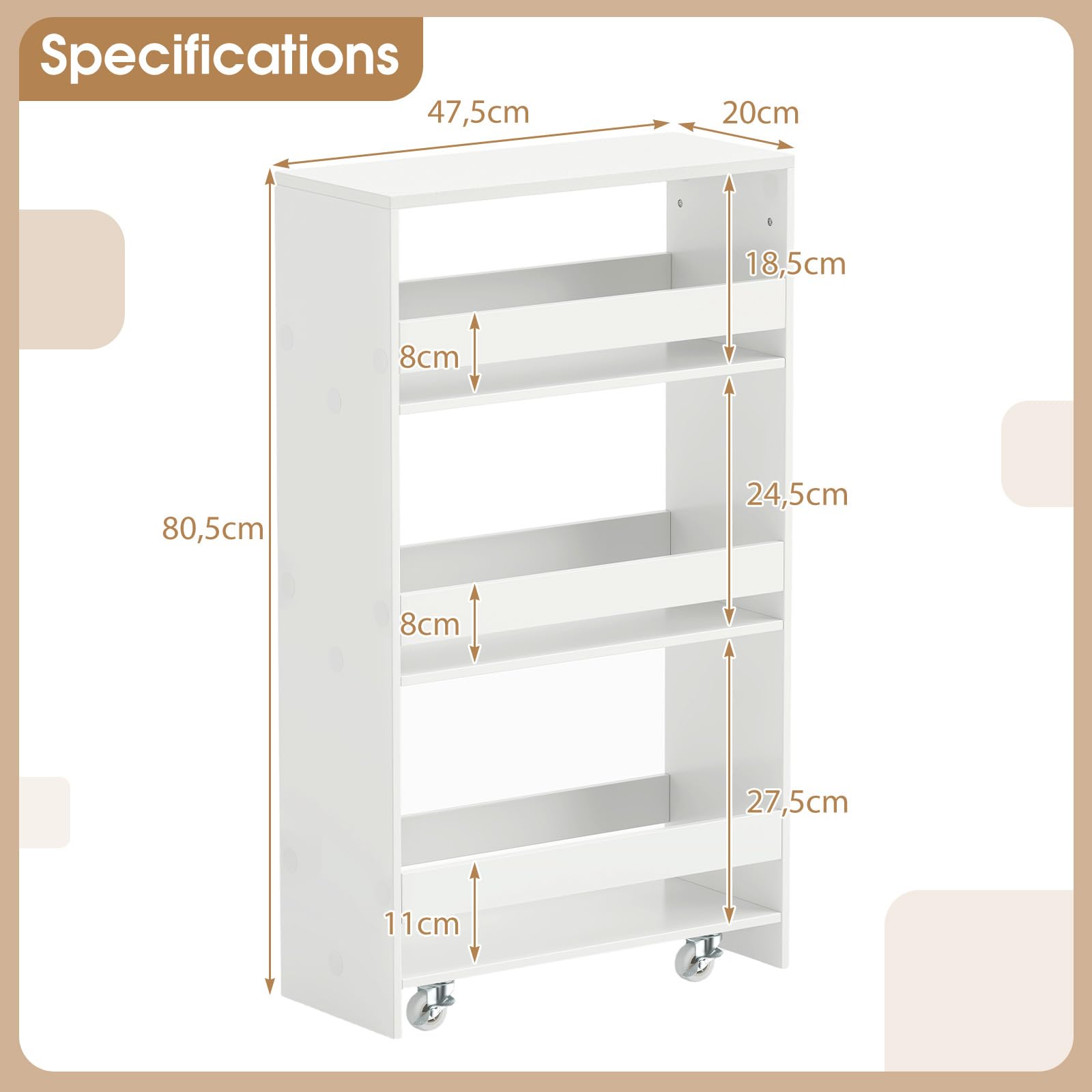 GIANTEX Nischenregal 20 cm Breit, Nischenschrank Küche mit Ladestation, Nischenwagen Rollwagen Schmal, Kleines Küchenregal mit Rollen, Küchenwagen Schmal (Weiß,20 cm breit)
