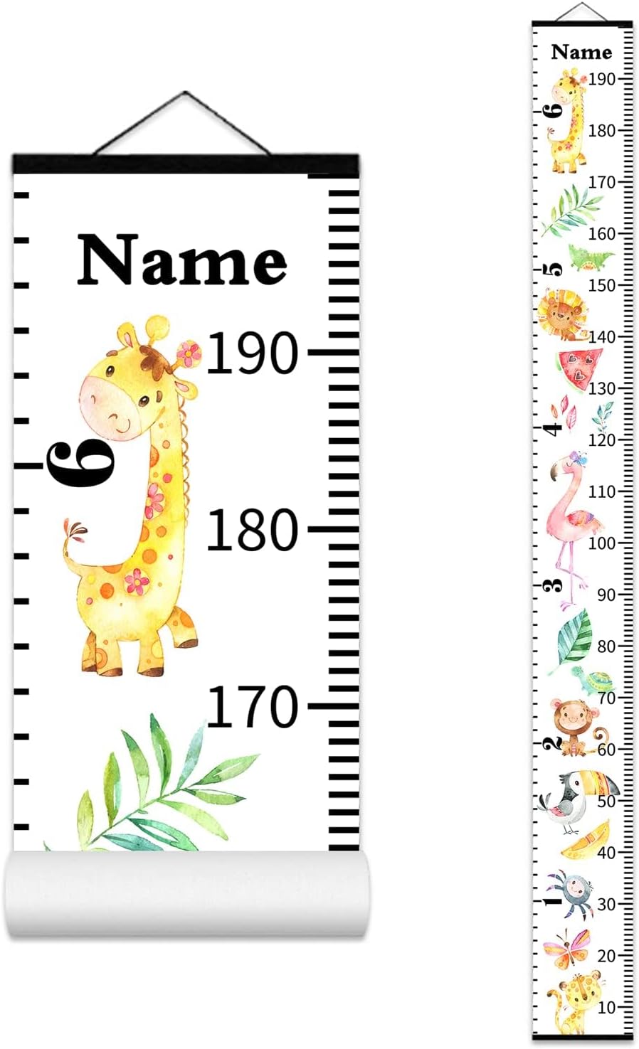 Personalized Animals Growth Chart for Kids, Baby Height Chart with Custom Name, 77 x 7.9 inch Removable Wall Ruler Hanging for Nursery Decor, Canvas and Wood Height Measuring Rulers for Boys and Girls