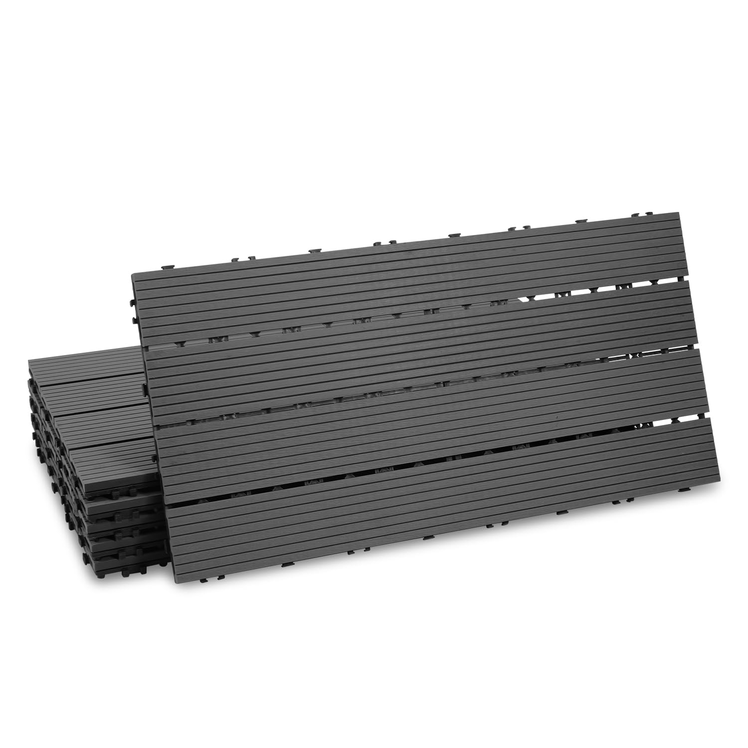 Fiqops 60 sztuk płytek tarasowych WPC, 30x60 cm płytki podłogowe na balkon, płytki ogrodowe z systemem klik, płytki tarasowe na balkon, płytki tarasowe wodoodporne, na 10 m², kolor antracytowy