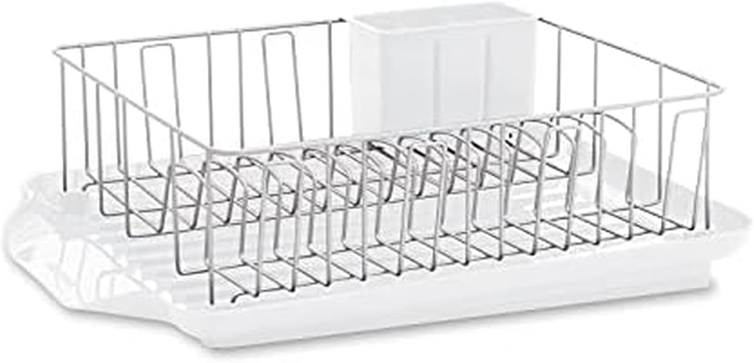Farberware Classic Large Rust Resistant Full Dishrack with Removable 3 Compartment Flatware Caddy, Andlged Drain Board, 3-Piece, White White Dish Rack Set