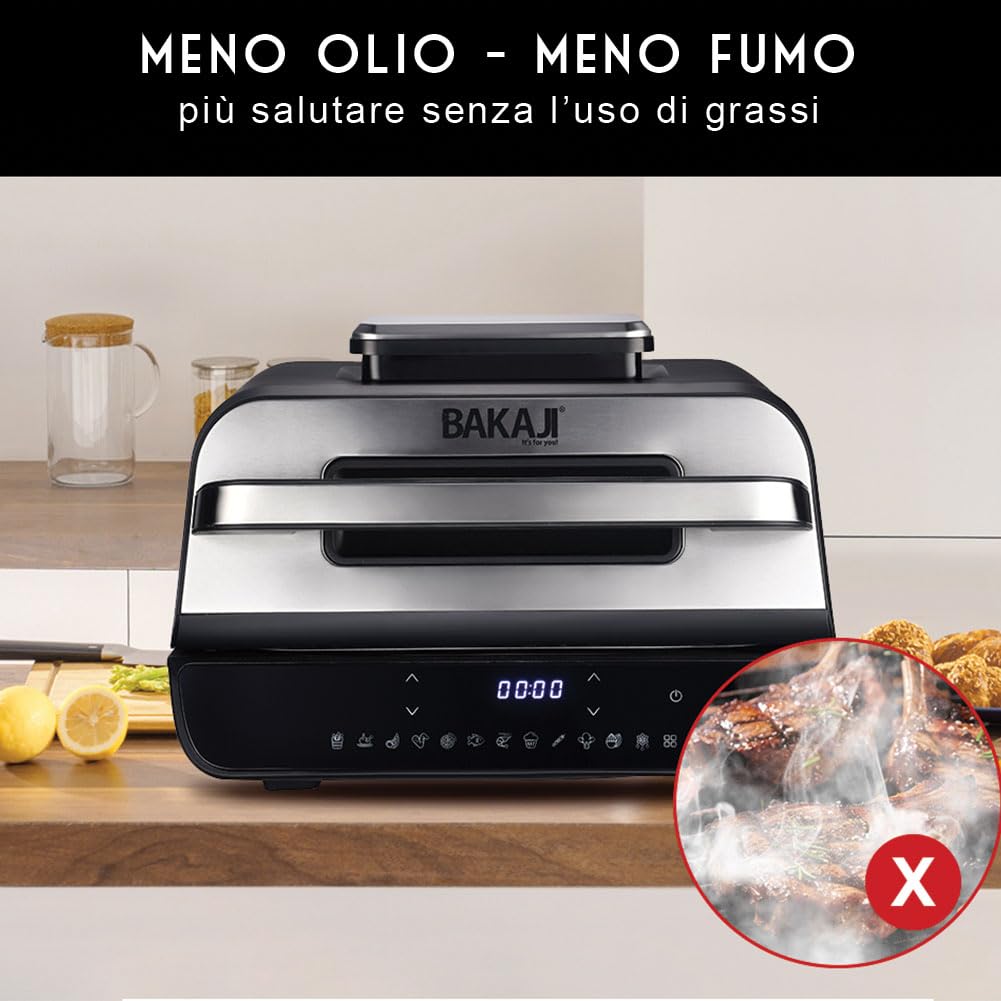 Bakaji Friggitrice Grill Bistecchiera Senza Olio Airfryer Frigge Cuoce Arrostisce in modo Naturale e Salutare Potenza 1800W con Timer e Regolazione Temperatura con Sonda (6 Litri)