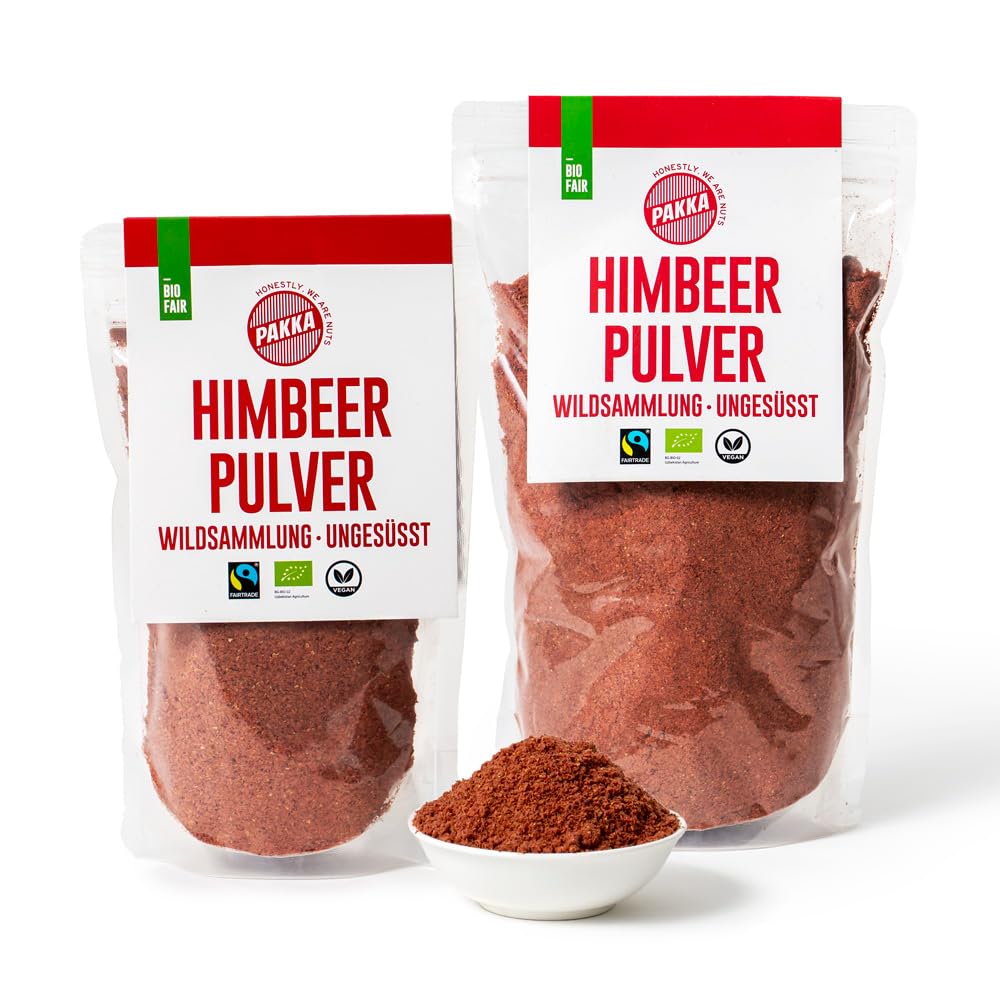 PAKKA - Bio Fairtrade Himbeeren Pulver, Himbeerpulver, sonnengetrocknet, ungeölt, ohne Schwefelzusatz und ungesüßt, aus Wildsammlung, direkt von Kleinbauern aus Samarkand in Usbekistan, vegan 750g