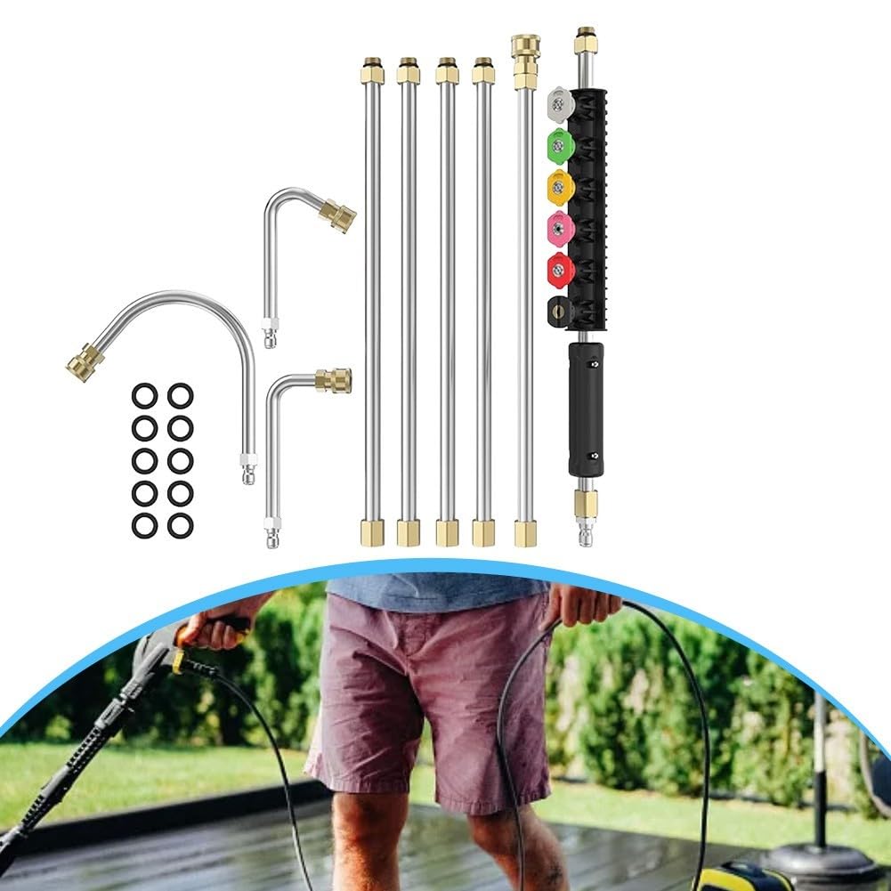 Kit di estensione per idropulitrice con 6 ugelli e accessori per la pulizia delle grondaie, lancia telescopica in acciaio inox da 2,7 m per lavaggio a tetto e ad alta portata