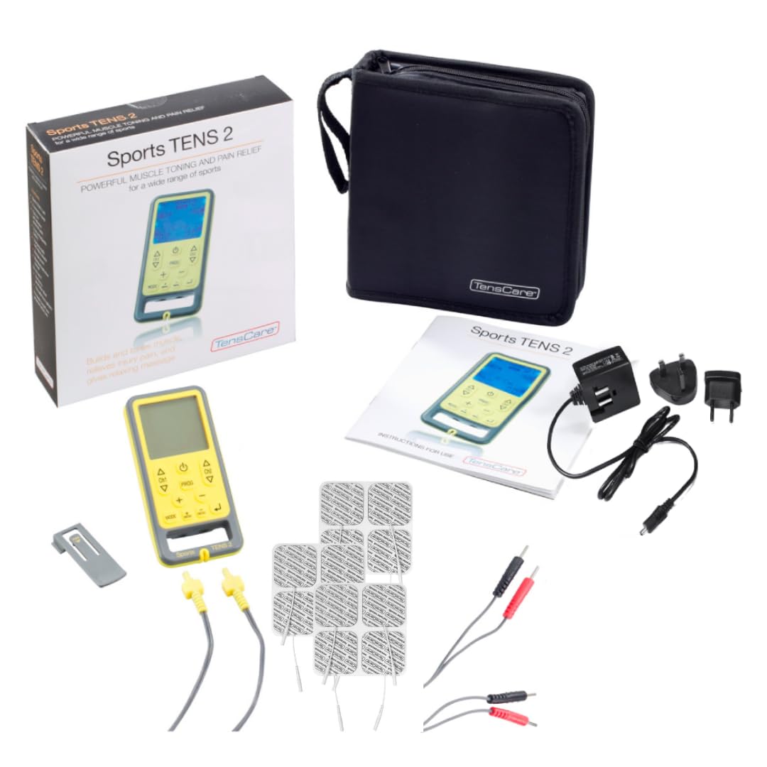 Tenscare Sports Tens 2+ Paquete de 12 Electrodos - Dispositivo de electroestimulación con Masaje, TENS, EMS y programas manuales. Para alivio del dolor, tonificación y relajación muscular. | Electroestimulador con programas TENS, EMS y masaje para dolor,