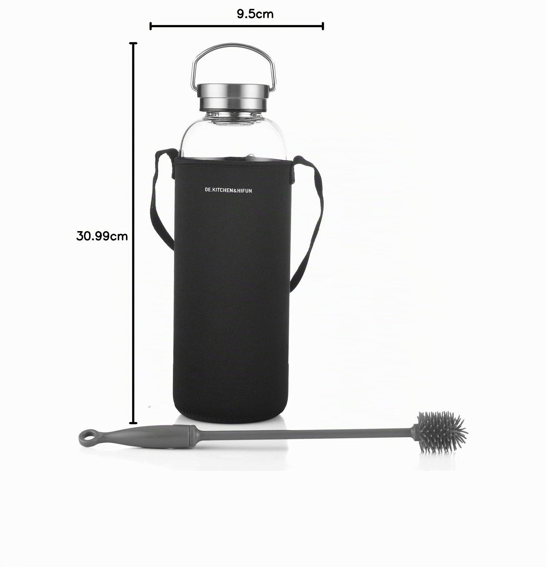 DE.KITCHEN&HIFUN Bouteille d'eau en verre borosilicate 2000 ml - Large bouteille d'eau en verre avec filtre en acier - 2 l