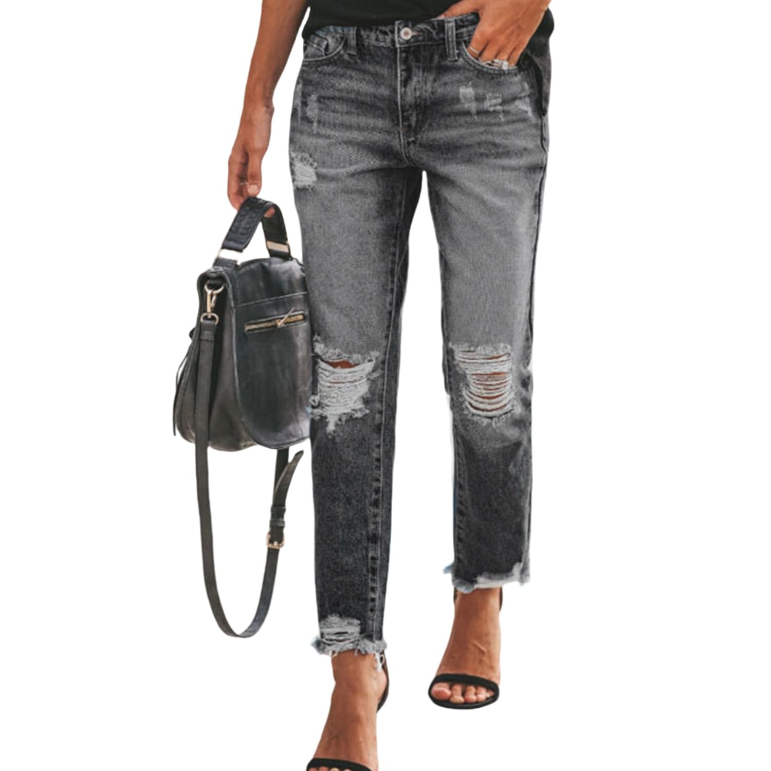 Jean décontracté extensible femme coupe droite avec déchirures tendances du S au 2XL - 5