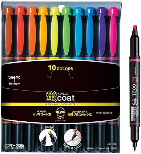 Tombow Kay Coat - Rotulador fluorescente de doble cara, juego de 10 colores