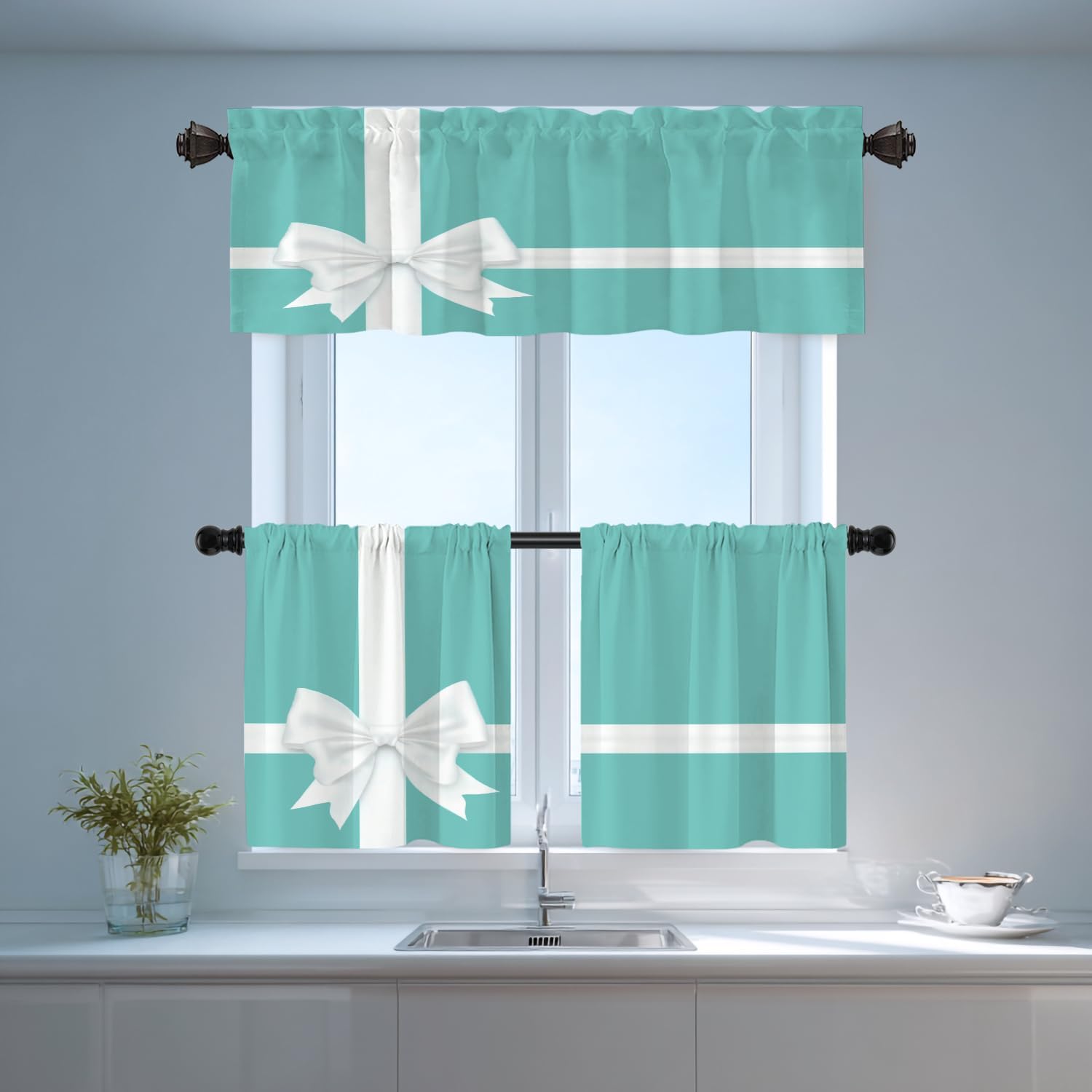 Shrahala Teal Christmas Elegant Kitchen Valances, White Turquoise Half Window Curtain Window Treatment Multilayer Polyester Blackout for Living Room Bathroom 2 Pack 52 x 16 in