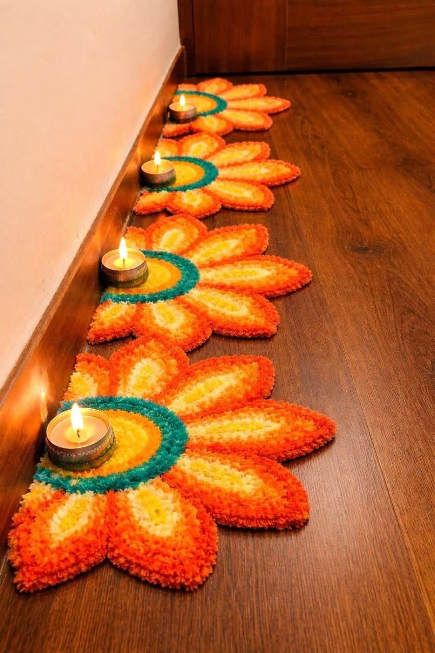 GURUKRUPA SHOPEE Woolen Fur Rangoli Mat Flower Shape Decorative Rangoli for Home Entrance Pooja Room Diwali Decoration Reusable Festive Floor Decor 15 x 9 Inches (Orange, Pack of 4)-image-14