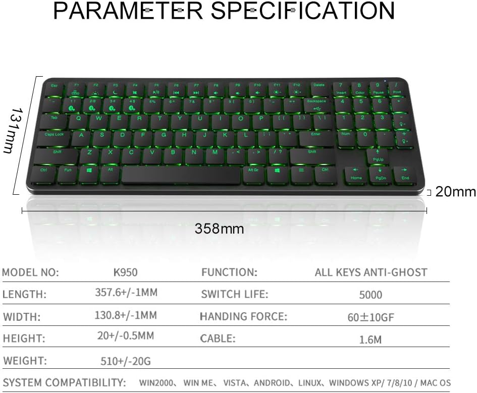 A graphic displaying the key technical specifications of the Hexgears K950 keyboard, including dimensions, weight, switch life, and system compatibility.
