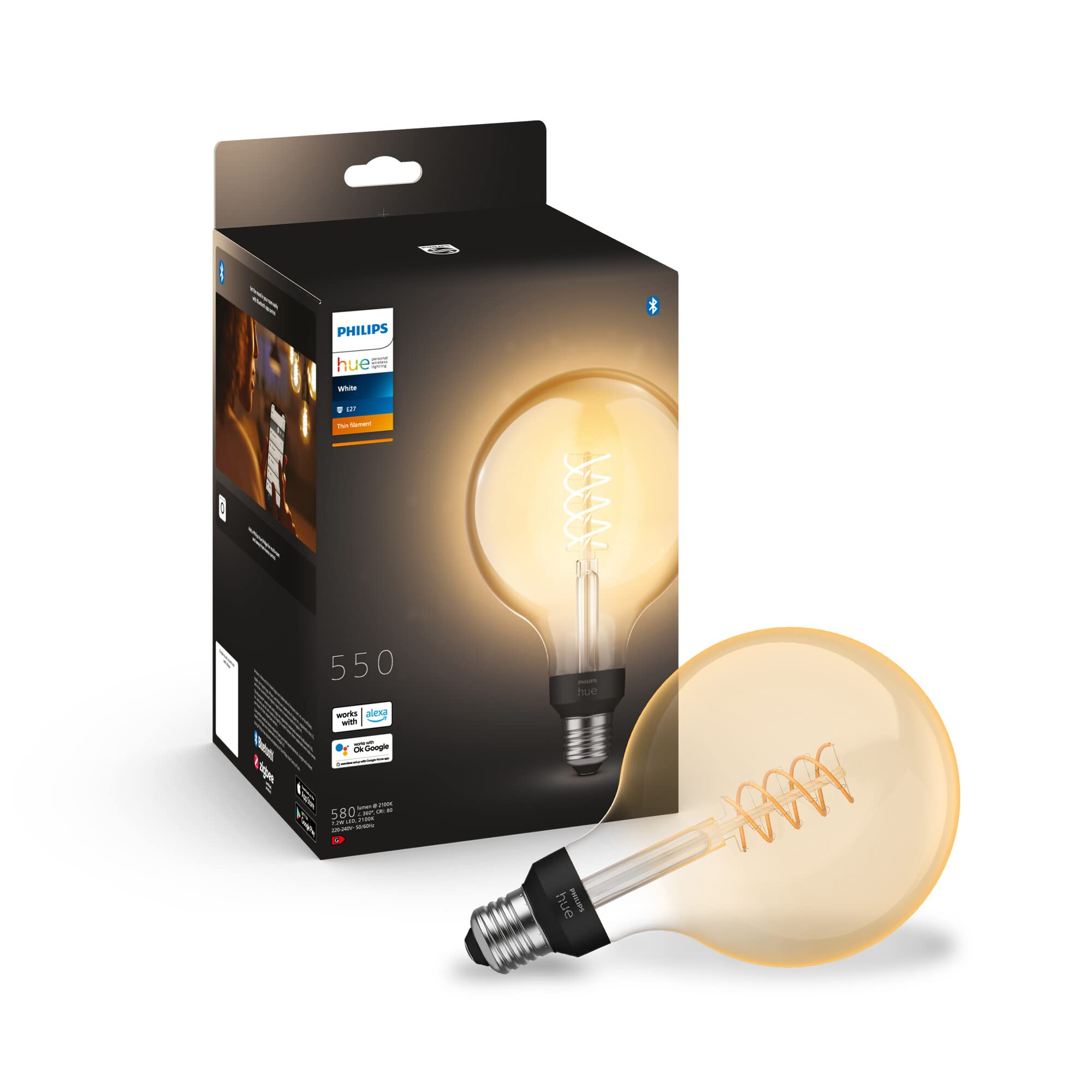 PHILIPS Hue White Filament, Lampadina LED smart a globo E27 | Luce bianca calda, Dimmerabile, A filamento vintage, Smart Home, Controllo vocale e via app