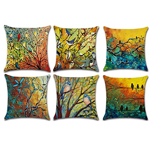 Aipark 6Pcs 45 x 45 cm Taie d'oreiller en Coton Lin, Housse de Coussin Plante Oiseau Décoratif avec Fermeture Éclair pour la Maison Chambre Canapé Voitures Café