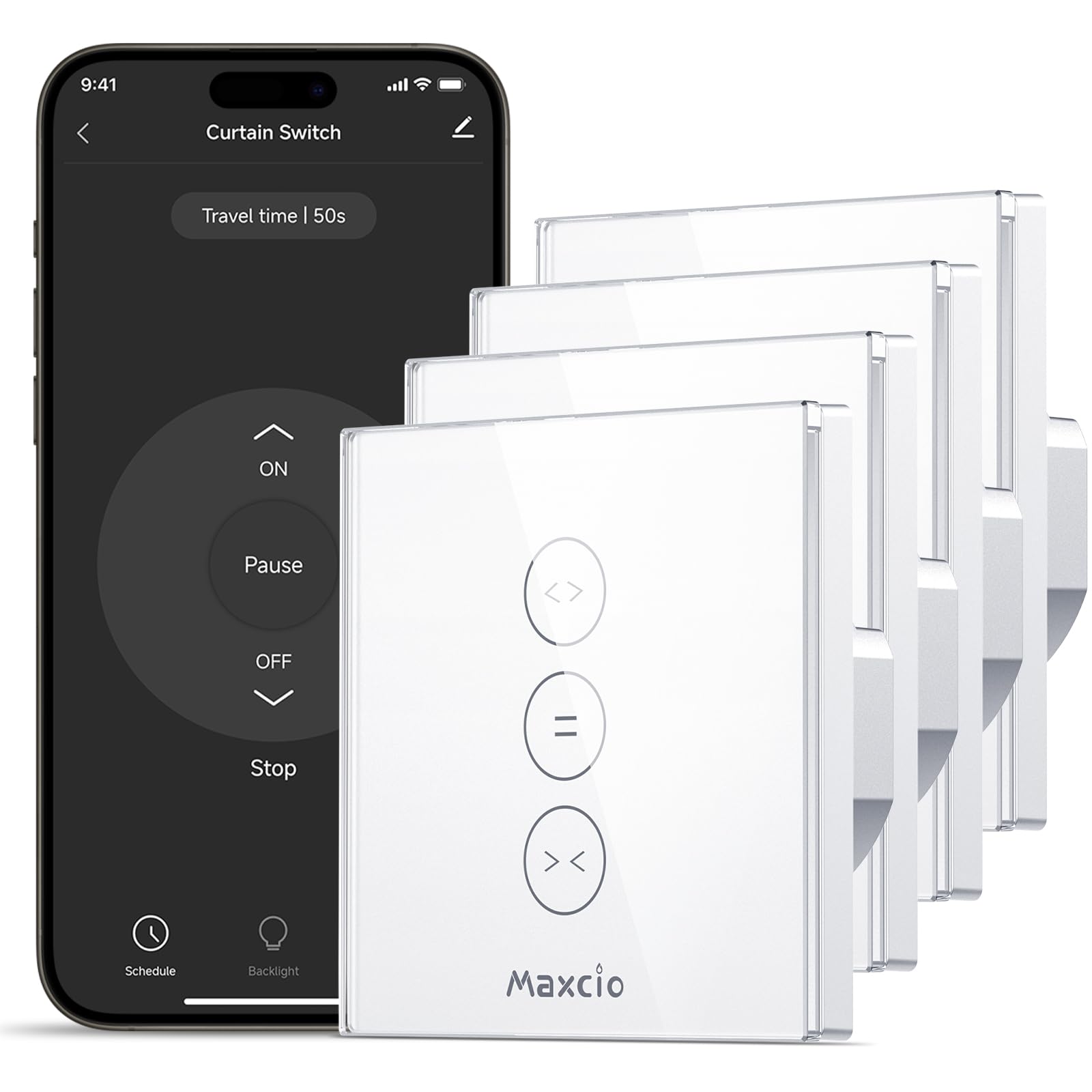 Maxcio Interrupteur Connecté WiFi Volet Roulant Tactile 4er [Fil Neutre] | Interrupteur Intelligent Pour Store & Rideau Compatible Alexa, Google Home, Commande Vocale, Minuterie & Partage