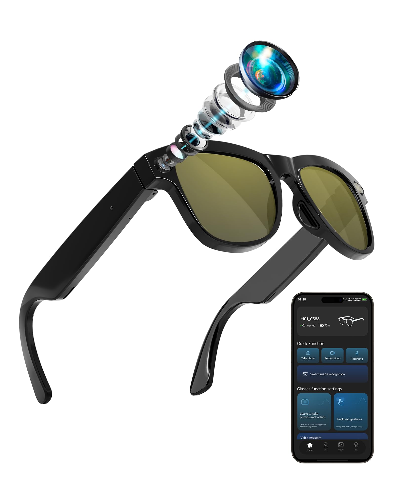 Coucur AI Smart Glasses with Camera,Video Recording Glasses(Yellow Lens)
