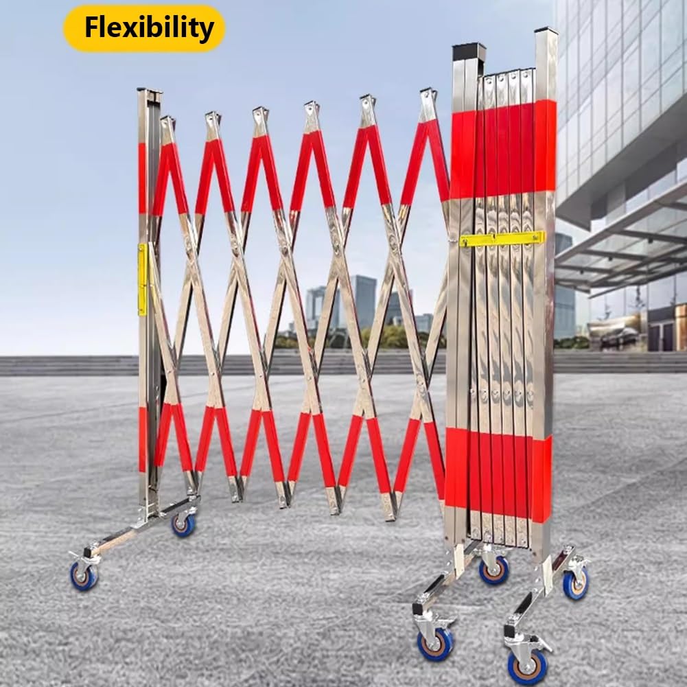 Genérico Barrera de Seguridad Extensible de Acero Inoxidable con Ruedas con Freno - Barricada móvil portátil para entradas de vehículos, garajes, escuelas y centros comerciales (1,2 x 4 m) - Solución