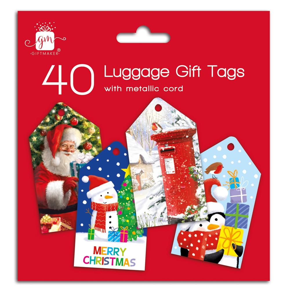 40 Christmas Tags with Metallic Cord – Traditional Luggage Style Tie On Gift Tags – Assorted Festive Designs – Blank Reverse for Personalising – Present Labels for Christmas Wrapping 9cm x 5cm