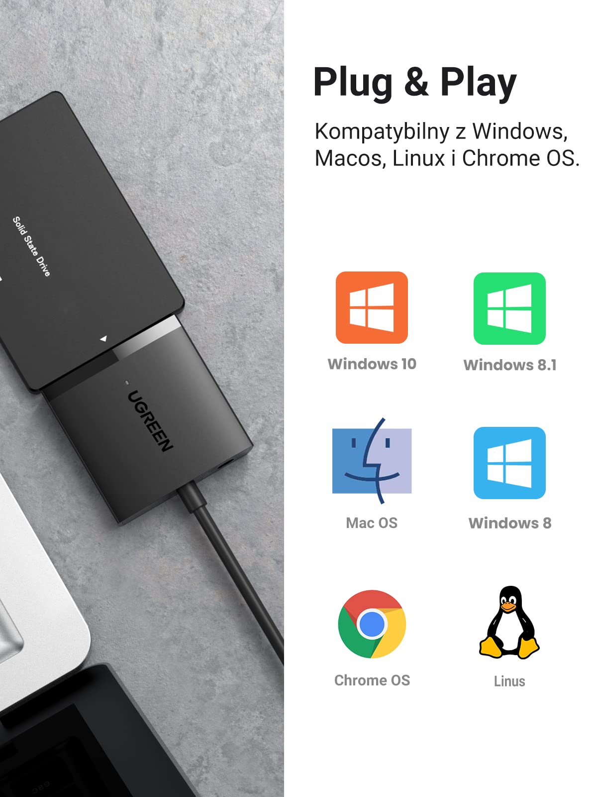 UGREEN Kabel USB SATA Dysk Twardy Adapter USB 3.0 na SATA III do 2,5/3,5 Cala