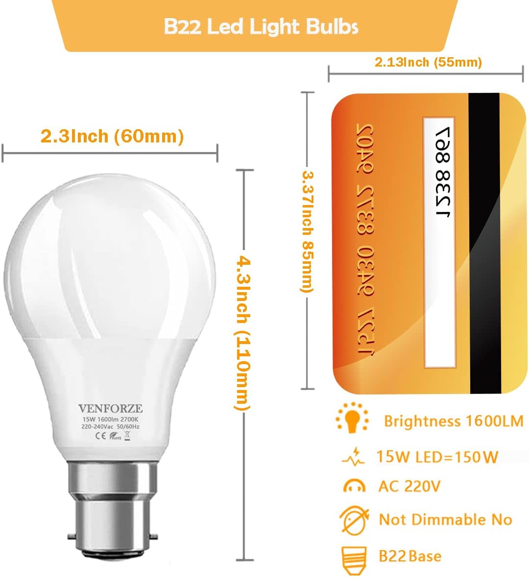 Venforze Bayonet Light Bulbs 150w Equivalent, 15W A60 B22 LED Bulbs, Super Bright 1600LM, Warm White 2700K - Image 5