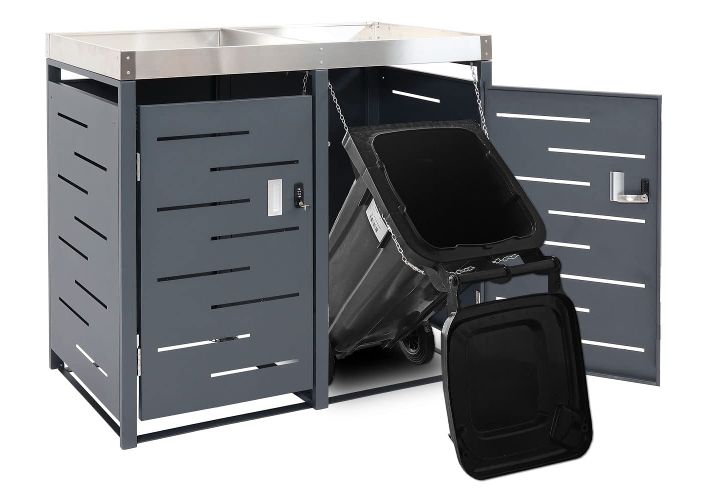 Mendler Juego de 4 cubos de basura HWC-H40b, contenedor de basura, jardinera de acero inoxidable, combi de metal, 78 kg, 101 x 51 x 59 cm, ampliable