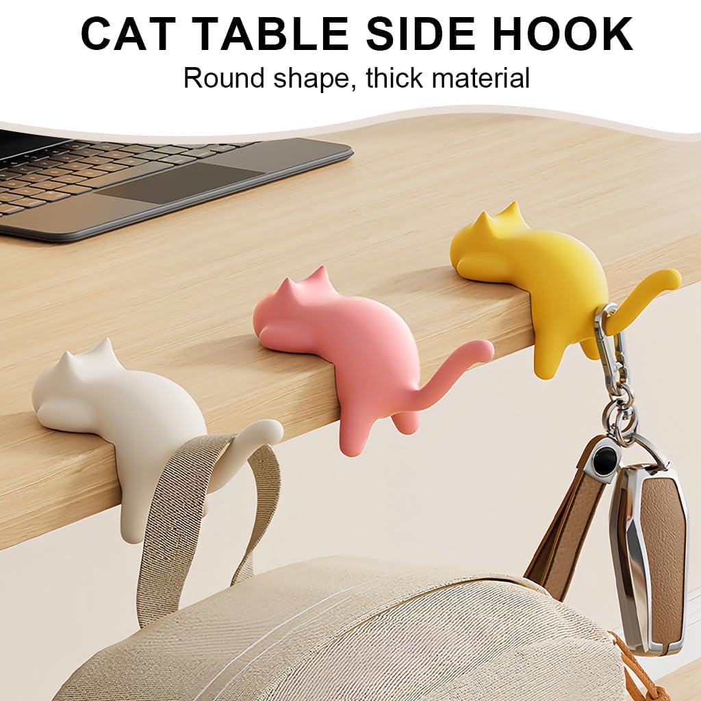 Cute Cat Table Side Hook for Desk, Self Adhesive Edge Hanger for Bags, Headphones & Cables, Heavy Duty Space Saving Organizer for Office & Home Multicolor (Pack of 4) 3