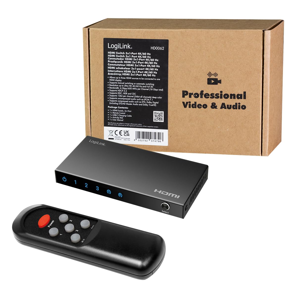 LogiLink HD0062 - HDMI-Switch 3x1-Port (3X Quellen auf EIN Monitor/TV), mit 4K/60 Hz Auflösung und Full 3D, HDCP, HDR, CEC, RC
