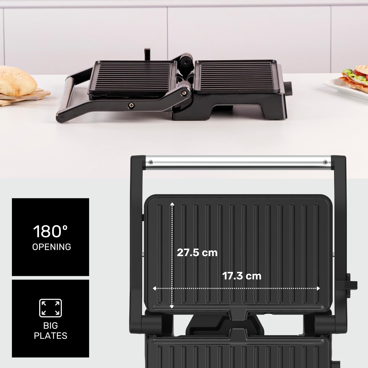 Taurus - Gril Électrique Grill&Co GR1500X | 1500W | Plaques Antiadhésives 27,5 x 17,3 cm | Couvercle Flottant 180º | Thermostat Réglable | Base Antidérapante | Bac à Graisse Amovible