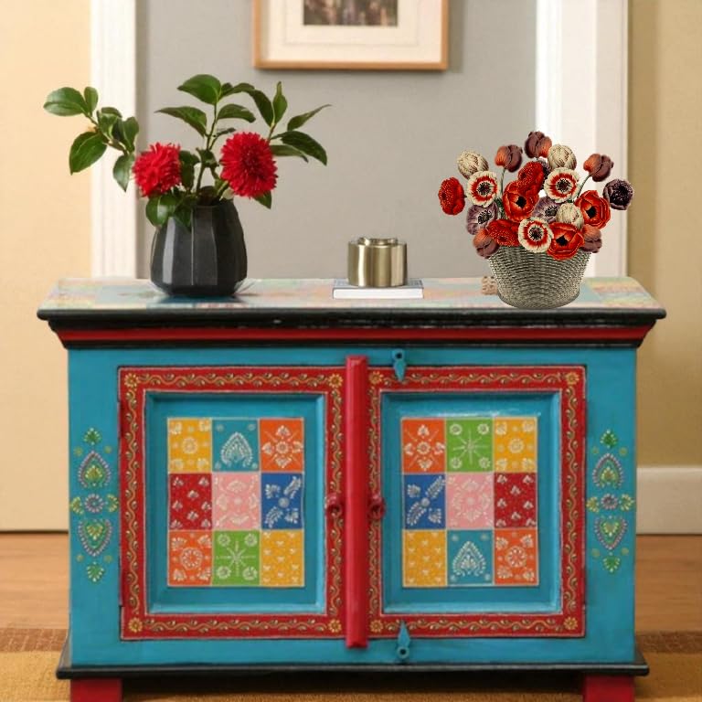 Image of APRODZ Hand-Painted Solid Wood Sideboard Cabinet with 2 Doors | Wooden Storage Cabinet for Bedroom Living Room & Kitchen | Crockery Cabinet, Kitchen Storage | Multicolor, 24x14x24 Inches
