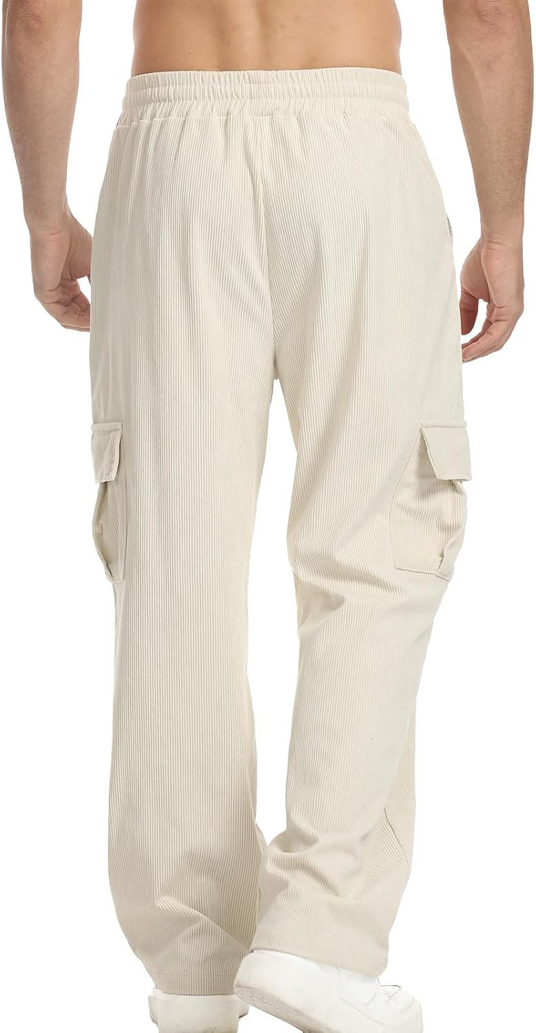 Suwangi Men's Baggy Cargo Corduroy Pants Casual Drawstring Elastic Waist Straight Leg Vintage Sweatpants for Men with Pockets - Image 2