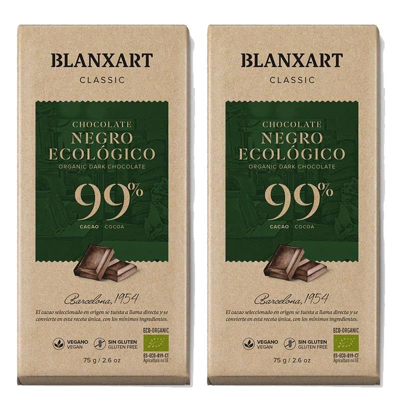 Pack 2 Chocolate Classic Negro 99% Blanxar Bio 75 g, 150 g total, tableta ecológica vegana, sin gluten, sabor intenso y puro