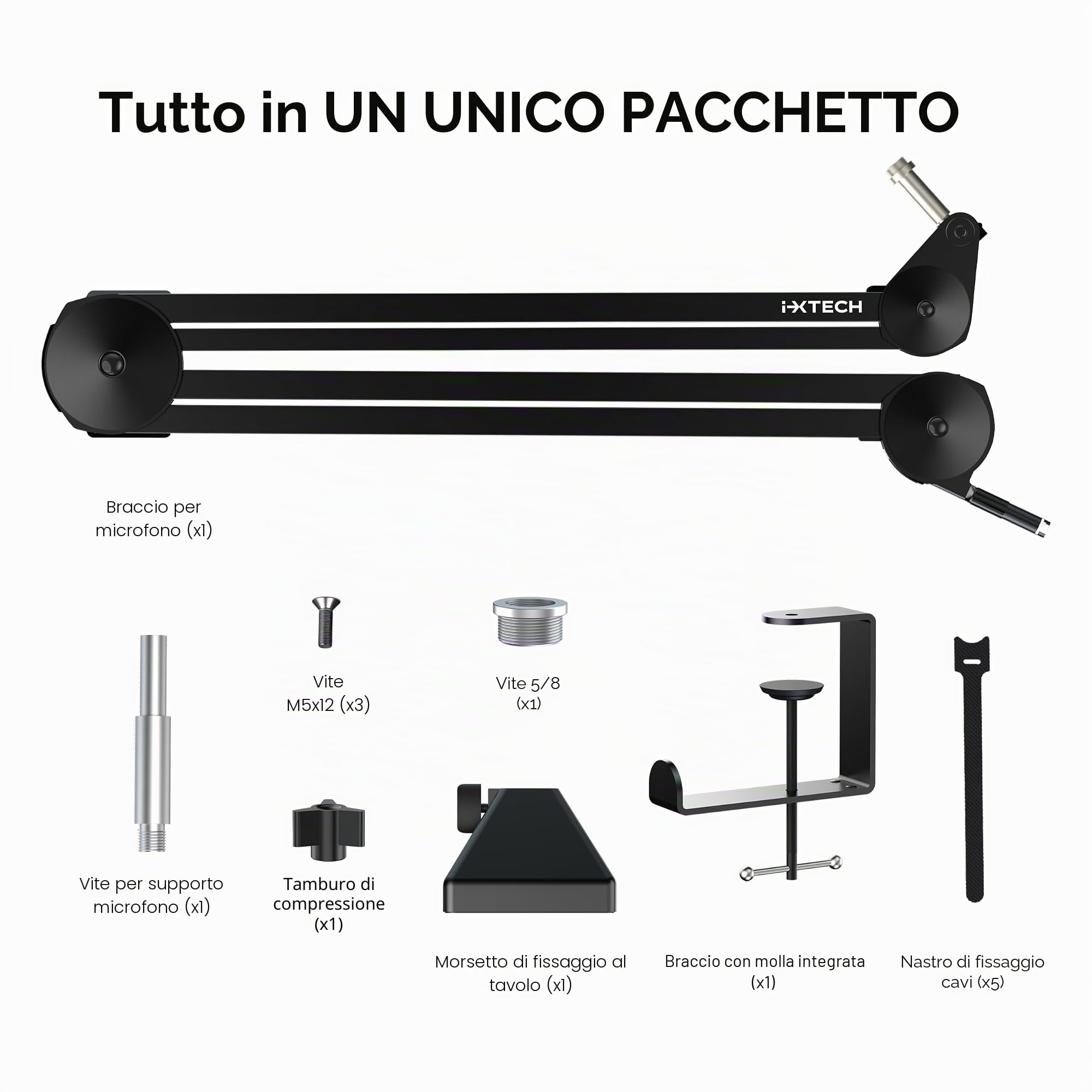 IXTECH Supporto per microfono a braccio regolabile, resistente, con fascette, supporto da scrivania per gaming, streaming e podcasting.
