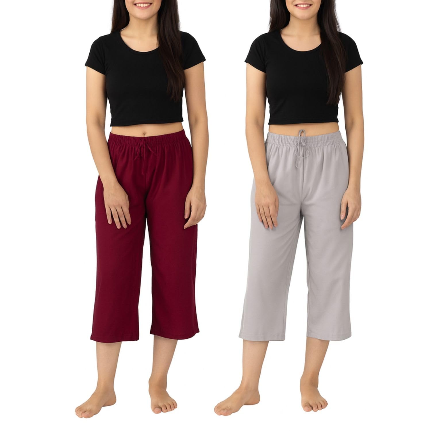 Womens Cotton Wide Leg Capris, 3/4th Capri With Loosefit For Womens (Grey, Marrone) Combo Pack Of 2-image-2