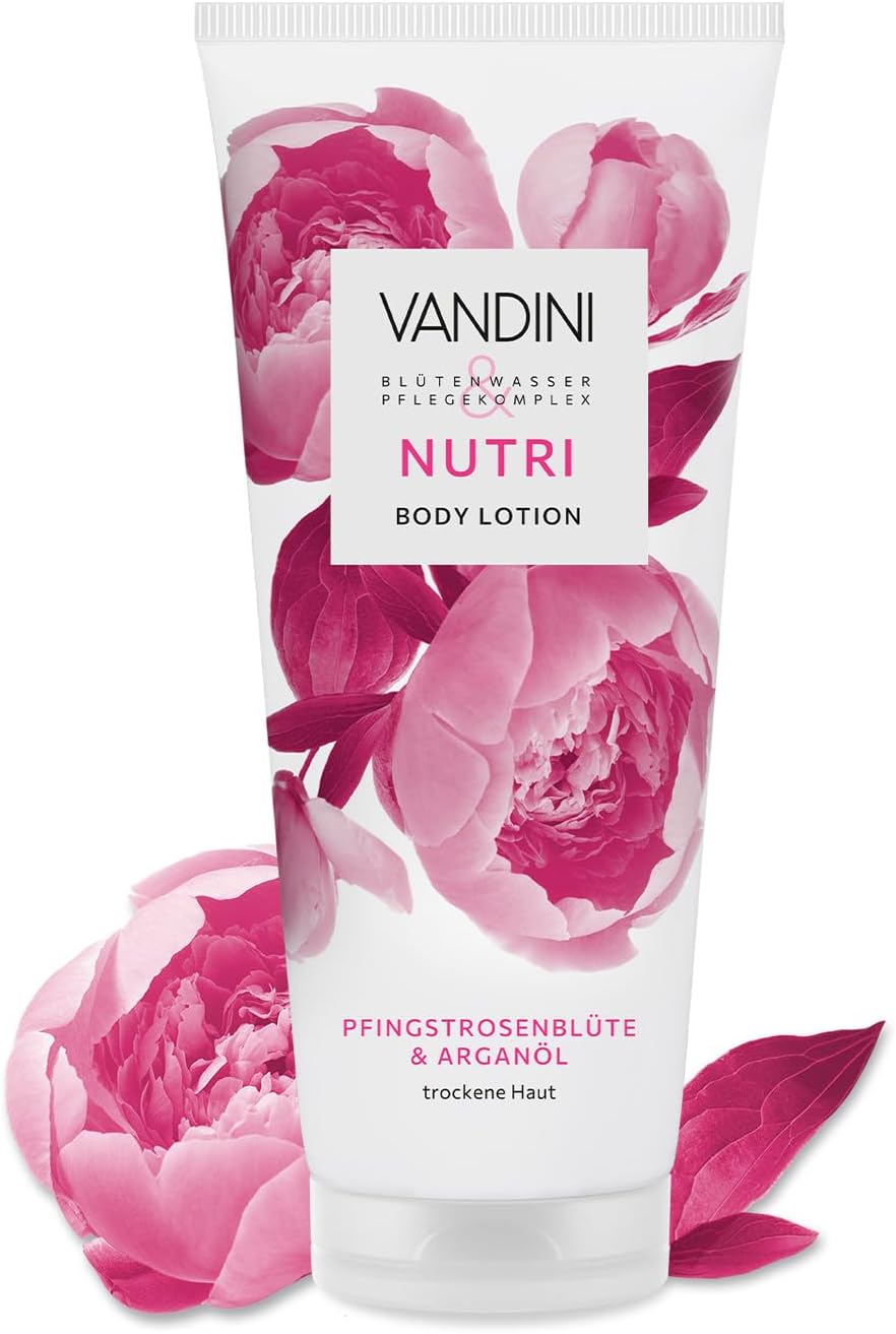 VANDINI NUTRI Body Lotion voor dames, 200 ml, met pioenrozenbloesem en arganolie, bodylotion voor droge huid, veganistisch, zonder parabenen en siliconen, dermatologisch getest, Made in Germany