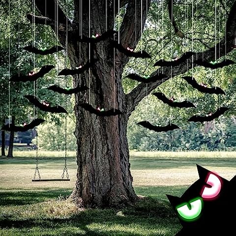 16Pcs Halloween Decorations Scary Black Bat with Glowing Eyes Hanging Decor Party Decor for Home Yard Sign Outdoor Lawn Cover