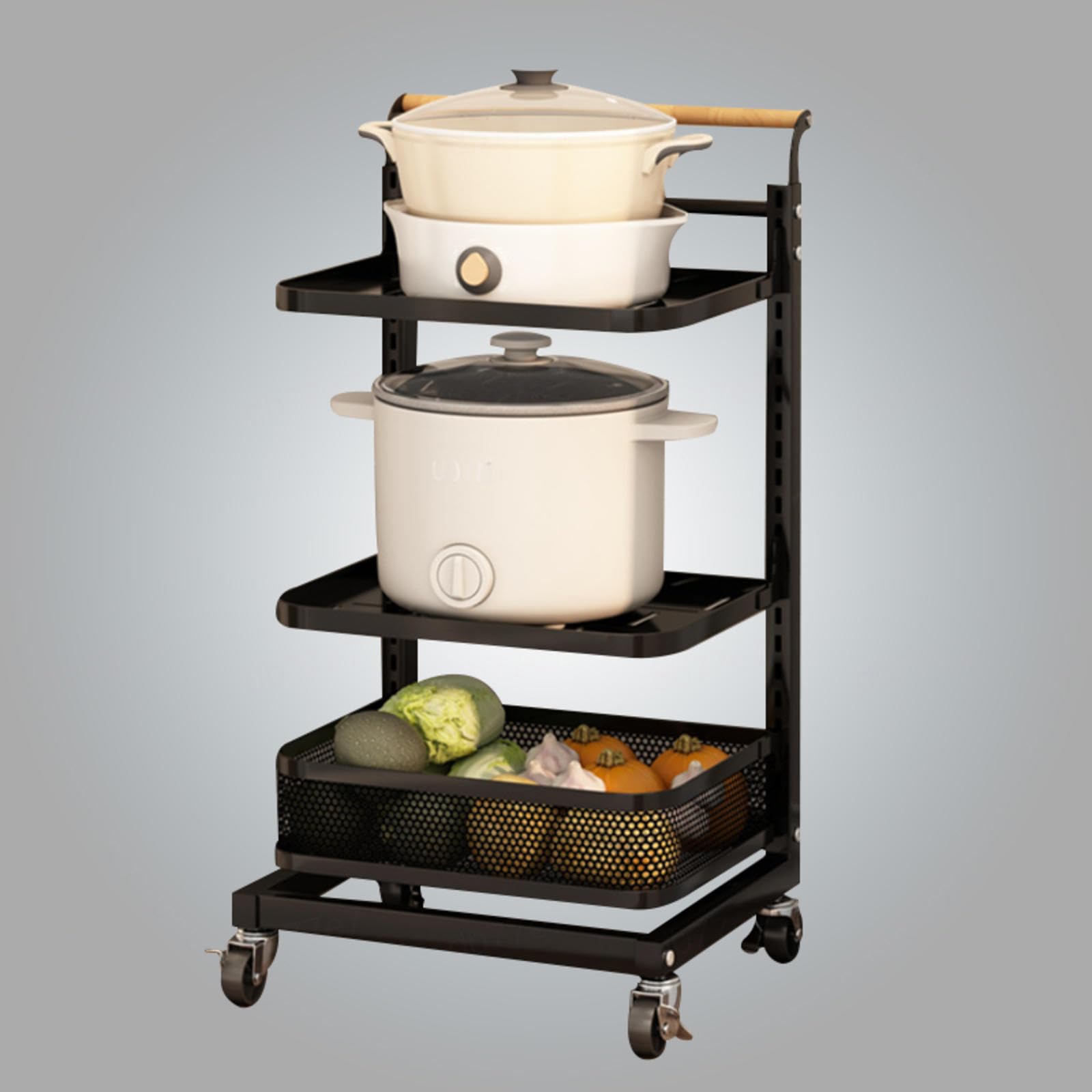 Pots and Pans nizer pour tiroir – Étagère de rangement de cuisine noire avec 3 planches et 1 panier – Solution de rangement peu encombrante pour casseroles et poêles pour armoires