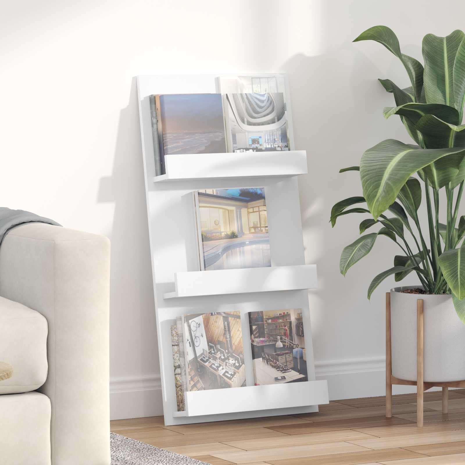 Portariviste in legno bianco, 51 x 11 x 102 cm, con 3 ripiani, versatile portariviste per soggiorno, ufficio e corridoio, pratico portaoggetti e organizer per libri