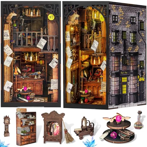 DIY Book Nook Kit, 3D Wooden Puzzle Miniature Booknook Bookend Bookshelf Decor with LED Light, Dust...