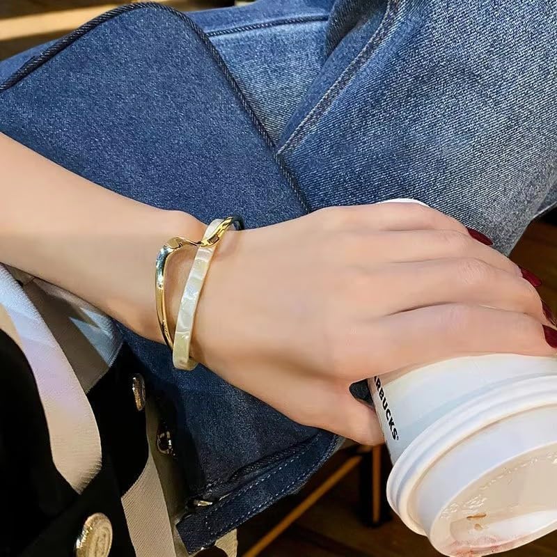 Modern Wave Design Cuff Bracelet, Gold-Tone Acrylic Bangle, 2.5 inch, C-Shaped Opening White/Pink Acrylic Bracelets Board Bend Metal Bangles - Image 6