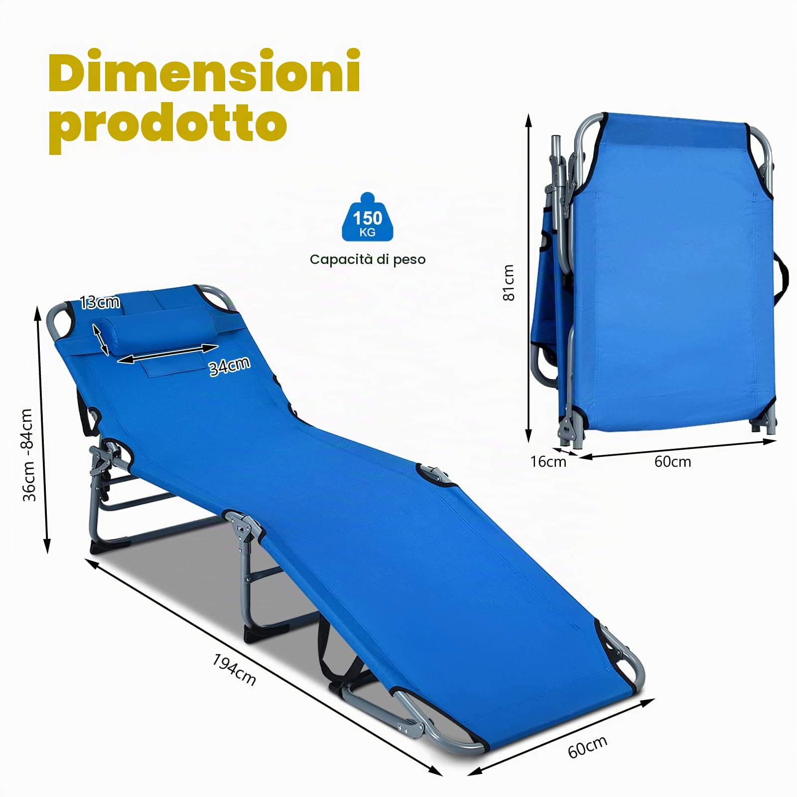 LIFEZEAL Lettino Prendisole Pieghevole, Lettini da Spiaggia con Schienale Regolabile in 5 Posizioni, Sdraio da Giardino con Cuscino Staccabile, Brandina Portatile da Mare o Campeggio (Blue)