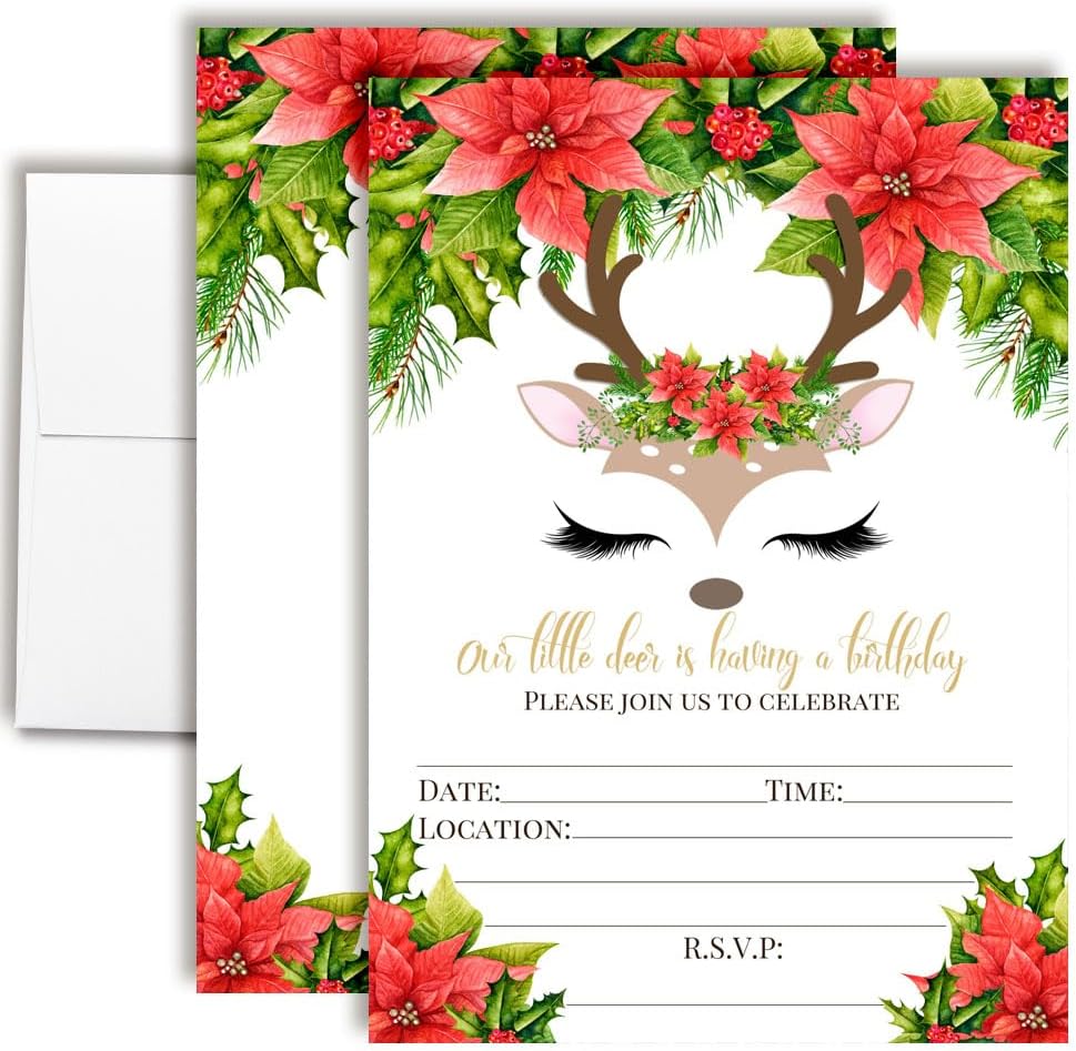 Christmas Invitations with Envelopes – Little Deer Reindeer Face with Watercolor Poinsettias, 20 Pack 5x7 Double Sided Fill-In Invite Cards with Twenty White Envelopes Perfect for Birthday Parties