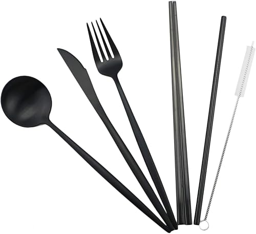 Miniatura 5 de Gugrida Juego de cubiertos ecológicos con acabado mate, 7 piezas, cuchillos, tenedor, cuchara, acero inoxidable 1810, negro, utensilios de viaje