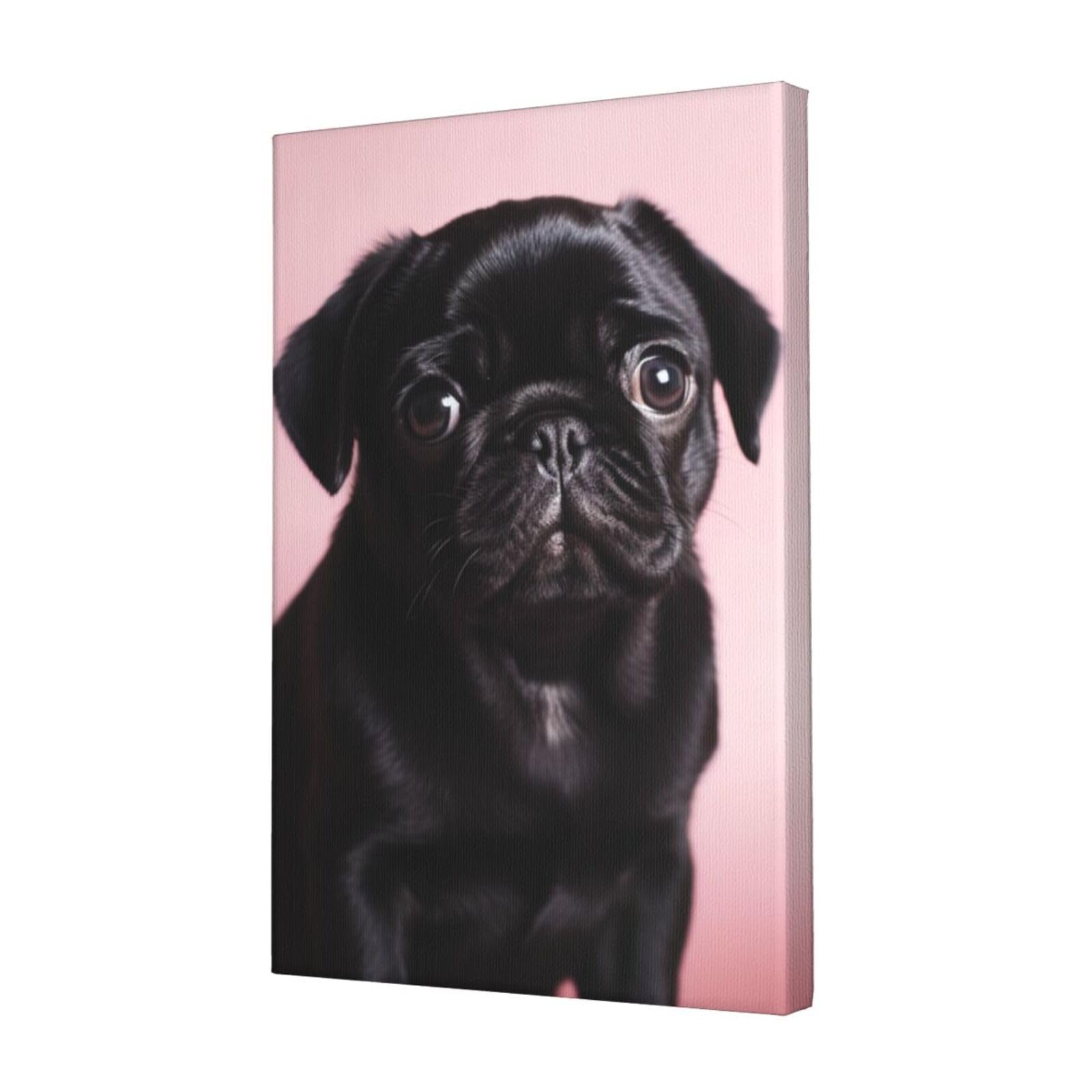 KLOPH Cute Black Pug Canvas Wall Art for Living Room 12"x18" Modern Artwork Painting for Bathroom Hanging Canvas Prints Aesthetic Wallart for Bedroom Kitchen Office Wall Decor
