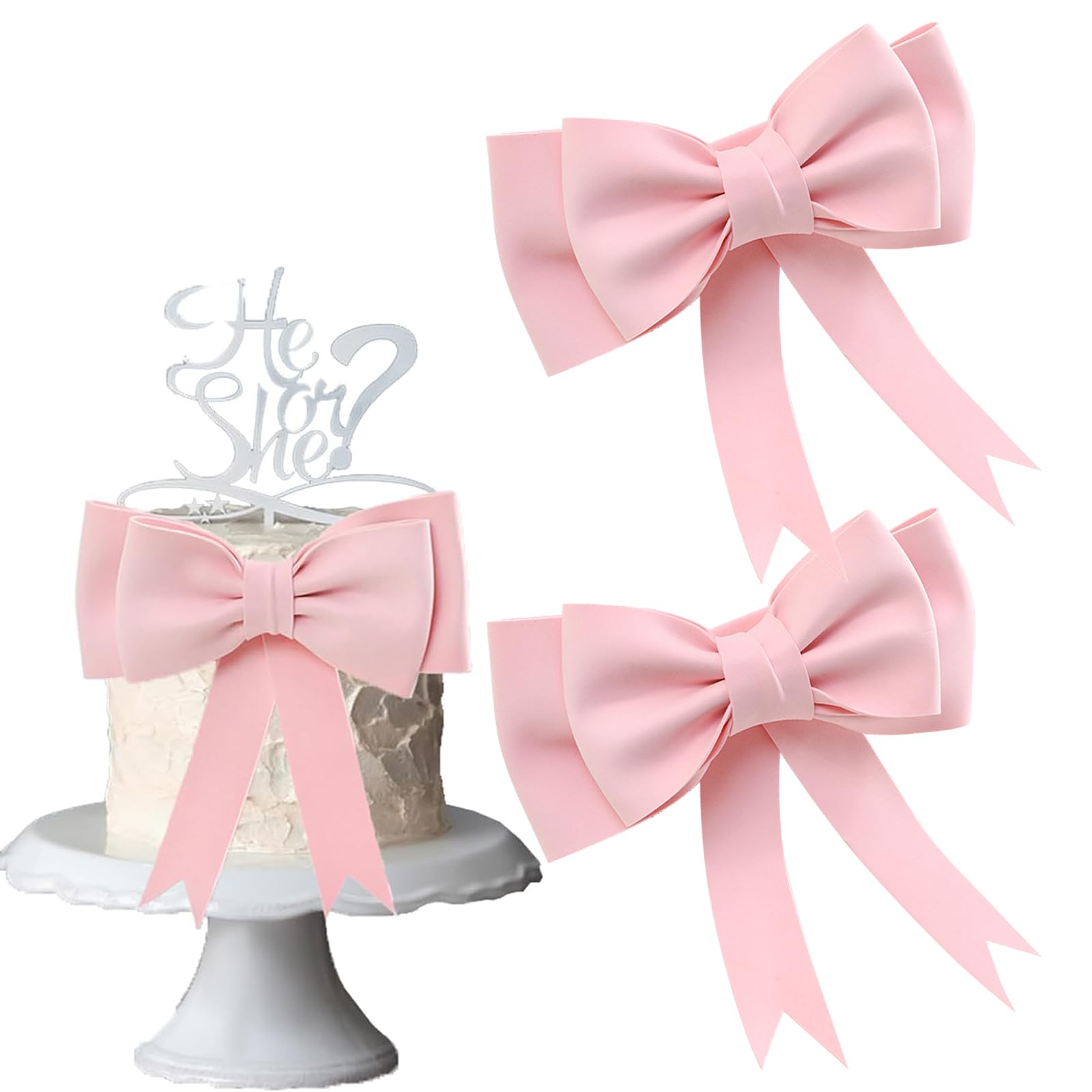 2 PCS Pink Bow Cake Toppers, Oversized Bow Decoration Bow Princess Cake Topper Pink Bow Party Decoration, No Assembly Suitable for Birthday Wedding Party Cake Decoration