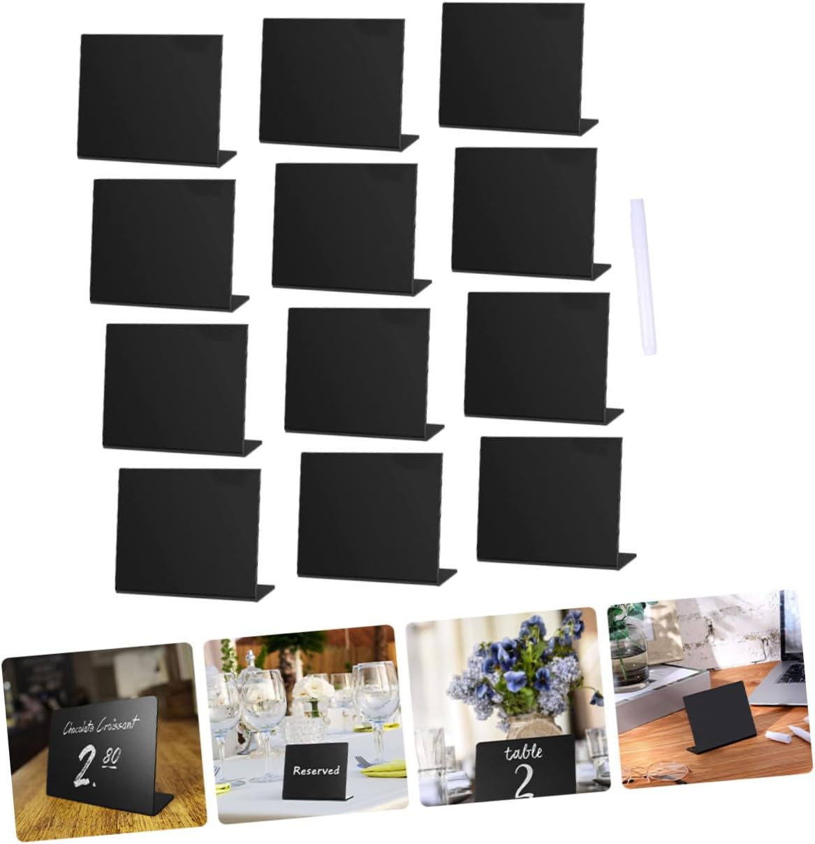 Unomor Acrylic Blackboards 12pcs Set with Marker, Erasable Small Chalkboard Signs for Wedding Party Table Decor, Desktop Memo Writing Boards, Black Display Boards for Home and Event Use