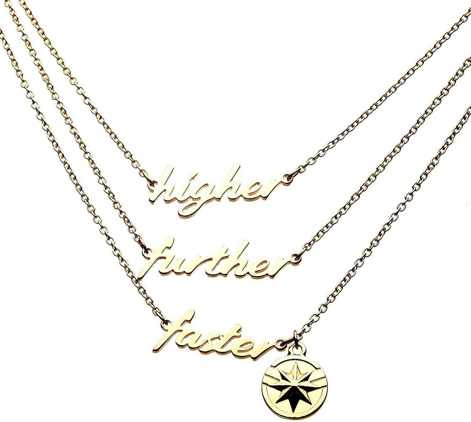 Marvel Captain Marvel Higher Further Faster Gold 3 Tiered Pendant Necklace