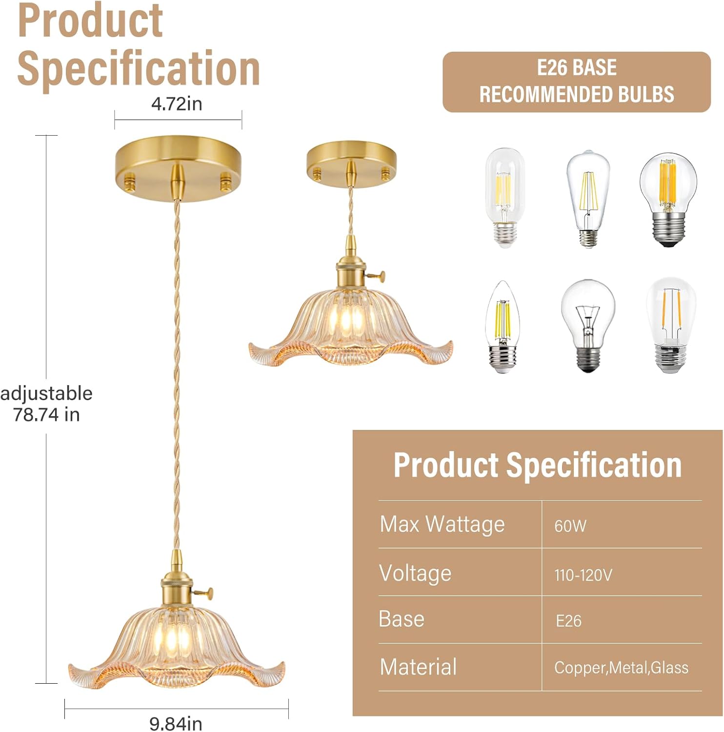 Vintage Pendant Lights Kitchen Island, Adjustable Brass Pendant Light Fixtures with Amber Lily Glass Lampshade, Gold Kitchen Pendant Lighting Over Island, Pendant Light for Dining Room Hallway