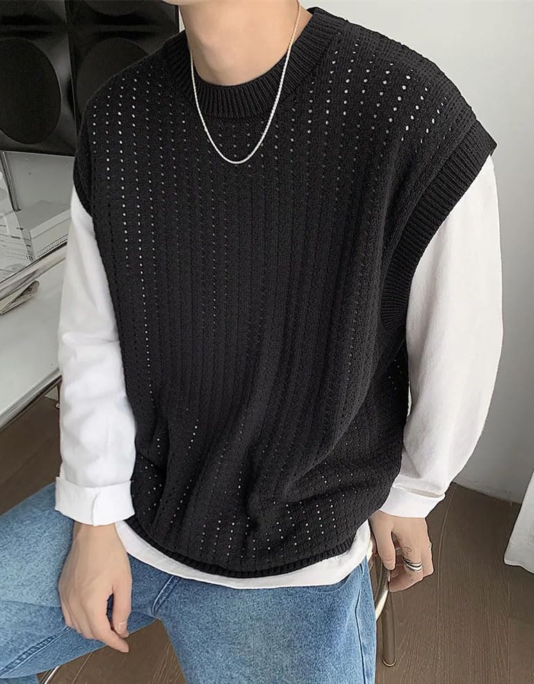 Men’S Streetwear Round Collar Wool Sweater Vest Sleeveless Knit Pullover Top3