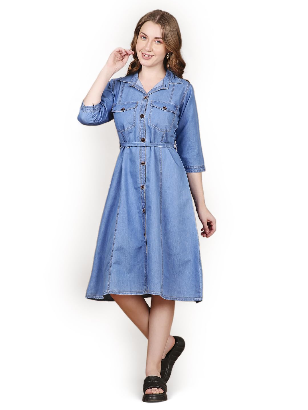 nightspree Blue Denim Dress with Shoulder Placket Dress for Women-picture-45
