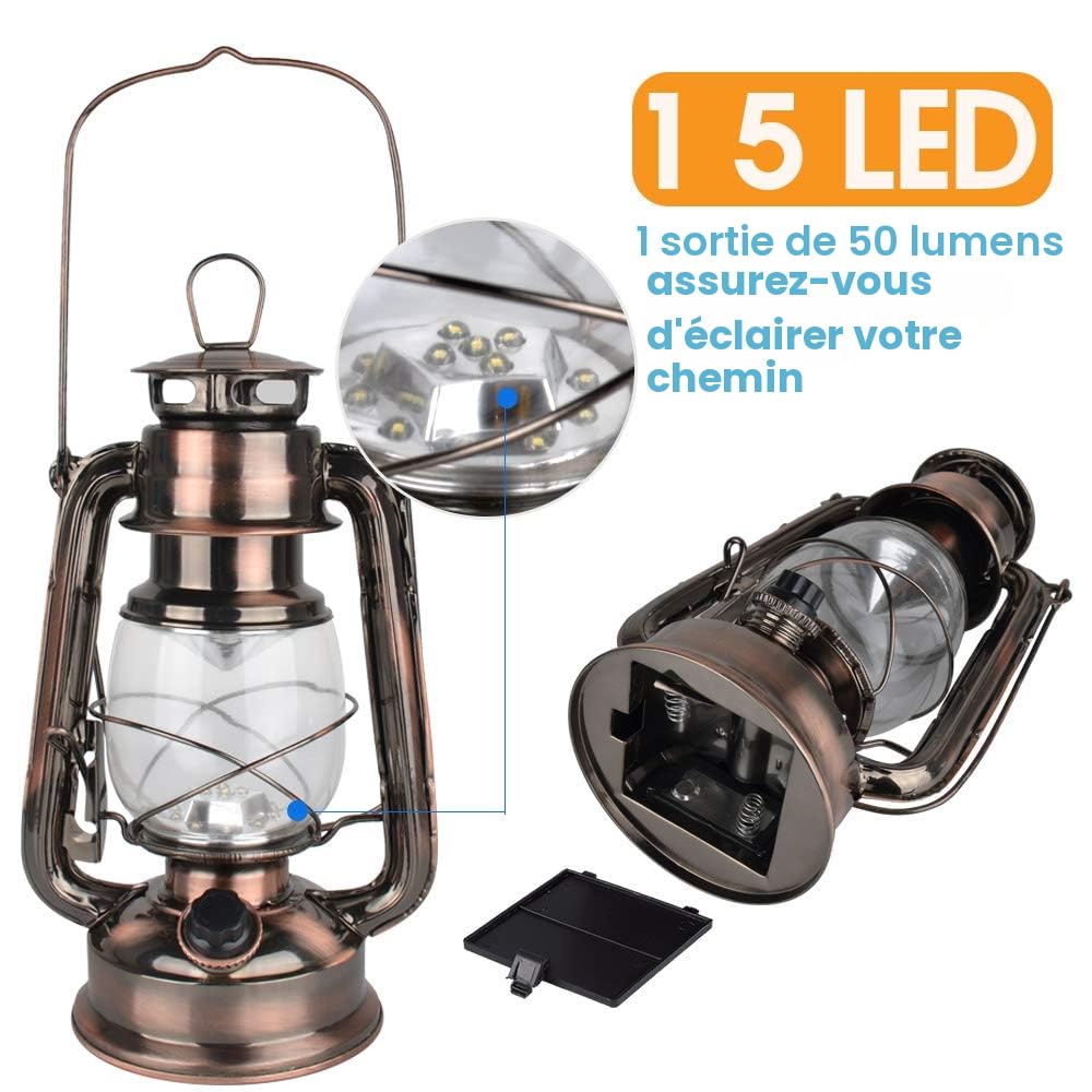 Lanterne Hurricane à LED vintage, blanc chaud alimenté par batterie, 15 LED, 150 lumens pour une utilisation intérieure ou extérieure (cuivre)